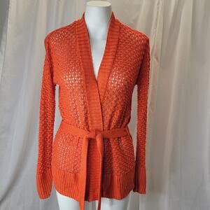 Calvin Klein Belt Tied Orange Linen/Rayon Cardigan, S